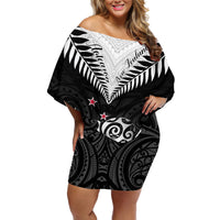 New Zealand Off Shoulder Short Dress Aotearoa Maori Kiwi Black Fern - Wonder Print Shop