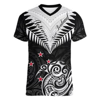 New Zealand Women V Neck T Shirt Aotearoa Maori Kiwi Black Fern - Wonder Print Shop