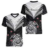 New Zealand Women V Neck T Shirt Aotearoa Maori Kiwi Black Fern - Wonder Print Shop