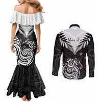 personalised-new-zealand-couples-matching-mermaid-dress-and-long-sleeve-button-shirts-aotearoa-maori-kiwi-black-fern
