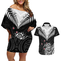 Personalised New Zealand Couples Matching Off Shoulder Short Dress and Hawaiian Shirt Aotearoa Maori Kiwi Black Fern - Wonder Print Shop