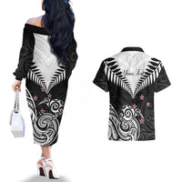 Personalised New Zealand Couples Matching Off The Shoulder Long Sleeve Dress and Hawaiian Shirt Aotearoa Maori Kiwi Black Fern - Wonder Print Shop