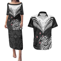 Personalised New Zealand Couples Matching Puletasi Dress and Hawaiian Shirt Aotearoa Maori Kiwi Black Fern - Wonder Print Shop