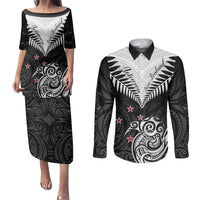 Personalised New Zealand Couples Matching Puletasi Dress and Long Sleeve Button Shirts Aotearoa Maori Kiwi Black Fern - Wonder Print Shop