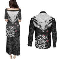 Personalised New Zealand Couples Matching Puletasi Dress and Long Sleeve Button Shirts Aotearoa Maori Kiwi Black Fern - Wonder Print Shop