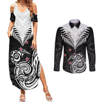 Personalised New Zealand Couples Matching Summer Maxi Dress and Long Sleeve Button Shirts Aotearoa Maori Kiwi Black Fern - Wonder Print Shop