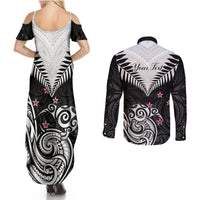 Personalised New Zealand Couples Matching Summer Maxi Dress and Long Sleeve Button Shirts Aotearoa Maori Kiwi Black Fern - Wonder Print Shop