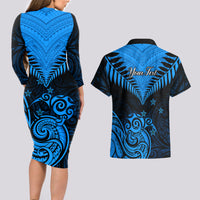 Personalised New Zealand Couples Matching Long Sleeve Bodycon Dress and Hawaiian Shirt Aotearoa Blue Maori Kiwi Blue Fern - Wonder Print Shop