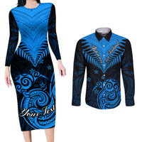 Personalised New Zealand Couples Matching Long Sleeve Bodycon Dress and Long Sleeve Button Shirts Aotearoa Blue Maori Kiwi Blue Fern - Wonder Print Shop