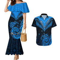 Personalised New Zealand Couples Matching Mermaid Dress And Hawaiian Shirt Aotearoa Blue Maori Kiwi Blue Fern - Wonder Print Shop