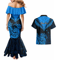 Personalised New Zealand Couples Matching Mermaid Dress And Hawaiian Shirt Aotearoa Blue Maori Kiwi Blue Fern - Wonder Print Shop