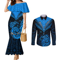 personalised-new-zealand-couples-matching-mermaid-dress-and-long-sleeve-button-shirts-aotearoa-blue-maori-kiwi-blue-fern
