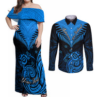 Personalised New Zealand Couples Matching Off Shoulder Maxi Dress and Long Sleeve Button Shirts Aotearoa Blue Maori Kiwi Blue Fern - Wonder Print Shop