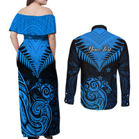 Personalised New Zealand Couples Matching Off Shoulder Maxi Dress and Long Sleeve Button Shirts Aotearoa Blue Maori Kiwi Blue Fern - Wonder Print Shop