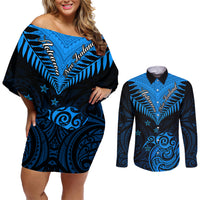 Personalised New Zealand Couples Matching Off Shoulder Short Dress and Long Sleeve Button Shirts Aotearoa Blue Maori Kiwi Blue Fern - Wonder Print Shop