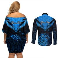 Personalised New Zealand Couples Matching Off Shoulder Short Dress and Long Sleeve Button Shirts Aotearoa Blue Maori Kiwi Blue Fern - Wonder Print Shop