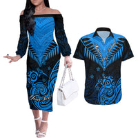 Personalised New Zealand Couples Matching Off The Shoulder Long Sleeve Dress and Hawaiian Shirt Aotearoa Blue Maori Kiwi Blue Fern - Wonder Print Shop