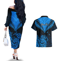 Personalised New Zealand Couples Matching Off The Shoulder Long Sleeve Dress and Hawaiian Shirt Aotearoa Blue Maori Kiwi Blue Fern - Wonder Print Shop