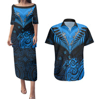 Personalised New Zealand Couples Matching Puletasi Dress and Hawaiian Shirt Aotearoa Blue Maori Kiwi Blue Fern - Wonder Print Shop