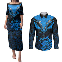 Personalised New Zealand Couples Matching Puletasi Dress and Long Sleeve Button Shirts Aotearoa Blue Maori Kiwi Blue Fern - Wonder Print Shop