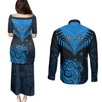 Personalised New Zealand Couples Matching Puletasi Dress and Long Sleeve Button Shirts Aotearoa Blue Maori Kiwi Blue Fern - Wonder Print Shop