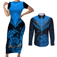 Personalised New Zealand Couples Matching Short Sleeve Bodycon Dress and Long Sleeve Button Shirts Aotearoa Blue Maori Kiwi Blue Fern - Wonder Print Shop