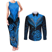 Personalised New Zealand Couples Matching Tank Maxi Dress and Long Sleeve Button Shirts Aotearoa Blue Maori Kiwi Blue Fern - Wonder Print Shop