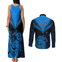 Personalised New Zealand Couples Matching Tank Maxi Dress and Long Sleeve Button Shirts Aotearoa Blue Maori Kiwi Blue Fern - Wonder Print Shop