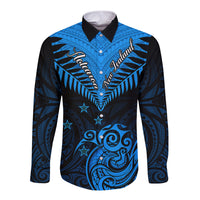 Personalised New Zealand Long Sleeve Button Shirt Aotearoa Blue Maori Kiwi Blue Fern - Wonder Print Shop
