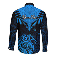 Personalised New Zealand Long Sleeve Button Shirt Aotearoa Blue Maori Kiwi Blue Fern - Wonder Print Shop