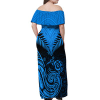 Personalised New Zealand Off Shoulder Maxi Dress Aotearoa Blue Maori Kiwi Blue Fern - Wonder Print Shop