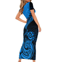 Personalised New Zealand Short Sleeve Bodycon Dress Aotearoa Blue Maori Kiwi Blue Fern - Wonder Print Shop