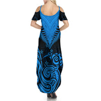 Personalised New Zealand Summer Maxi Dress Aotearoa Blue Maori Kiwi Blue Fern - Wonder Print Shop