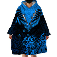 Personalised New Zealand Wearable Blanket Hoodie Aotearoa Blue Maori Kiwi Blue Fern - Wonder Print Shop