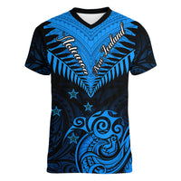 Personalised New Zealand Women V Neck T Shirt Aotearoa Blue Maori Kiwi Blue Fern - Wonder Print Shop