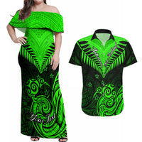 Personalised New Zealand Couples Matching Off Shoulder Maxi Dress and Hawaiian Shirt Aotearoa Maori Kiwi Green Fern - Wonder Print Shop