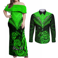 Personalised New Zealand Couples Matching Off Shoulder Maxi Dress and Long Sleeve Button Shirts Aotearoa Maori Kiwi Green Fern - Wonder Print Shop