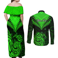 Personalised New Zealand Couples Matching Off Shoulder Maxi Dress and Long Sleeve Button Shirts Aotearoa Maori Kiwi Green Fern - Wonder Print Shop