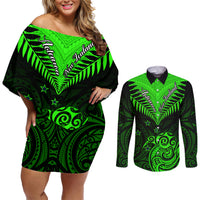 Personalised New Zealand Couples Matching Off Shoulder Short Dress and Long Sleeve Button Shirts Aotearoa Maori Kiwi Green Fern - Wonder Print Shop