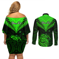 Personalised New Zealand Couples Matching Off Shoulder Short Dress and Long Sleeve Button Shirts Aotearoa Maori Kiwi Green Fern - Wonder Print Shop