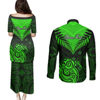 Personalised New Zealand Couples Matching Puletasi Dress and Long Sleeve Button Shirts Aotearoa Maori Kiwi Green Fern - Wonder Print Shop