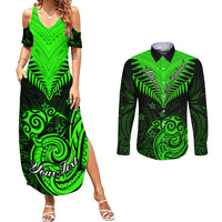 Personalised New Zealand Couples Matching Summer Maxi Dress and Long Sleeve Button Shirts Aotearoa Maori Kiwi Green Fern - Wonder Print Shop
