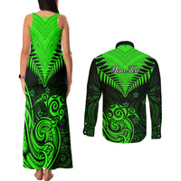 Personalised New Zealand Couples Matching Tank Maxi Dress and Long Sleeve Button Shirts Aotearoa Maori Kiwi Green Fern - Wonder Print Shop
