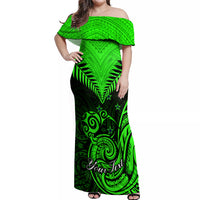 Personalised New Zealand Off Shoulder Maxi Dress Aotearoa Maori Kiwi Green Fern - Wonder Print Shop