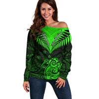 Personalised New Zealand Off Shoulder Sweater Aotearoa Maori Kiwi Green Fern - Wonder Print Shop