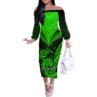 Personalised New Zealand Off The Shoulder Long Sleeve Dress Aotearoa Maori Kiwi Green Fern - Wonder Print Shop