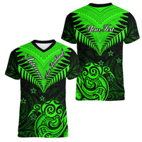 Personalised New Zealand Women V Neck T Shirt Aotearoa Maori Kiwi Green Fern - Wonder Print Shop