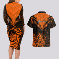 Personalised New Zealand Couples Matching Long Sleeve Bodycon Dress and Hawaiian Shirt Aotearoa Maori Kiwi Orange Fern - Wonder Print Shop