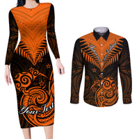 Personalised New Zealand Couples Matching Long Sleeve Bodycon Dress and Long Sleeve Button Shirts Aotearoa Maori Kiwi Orange Fern - Wonder Print Shop