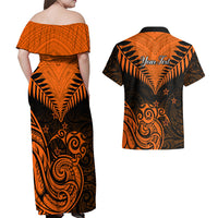 Personalised New Zealand Couples Matching Off Shoulder Maxi Dress and Hawaiian Shirt Aotearoa Maori Kiwi Orange Fern - Wonder Print Shop